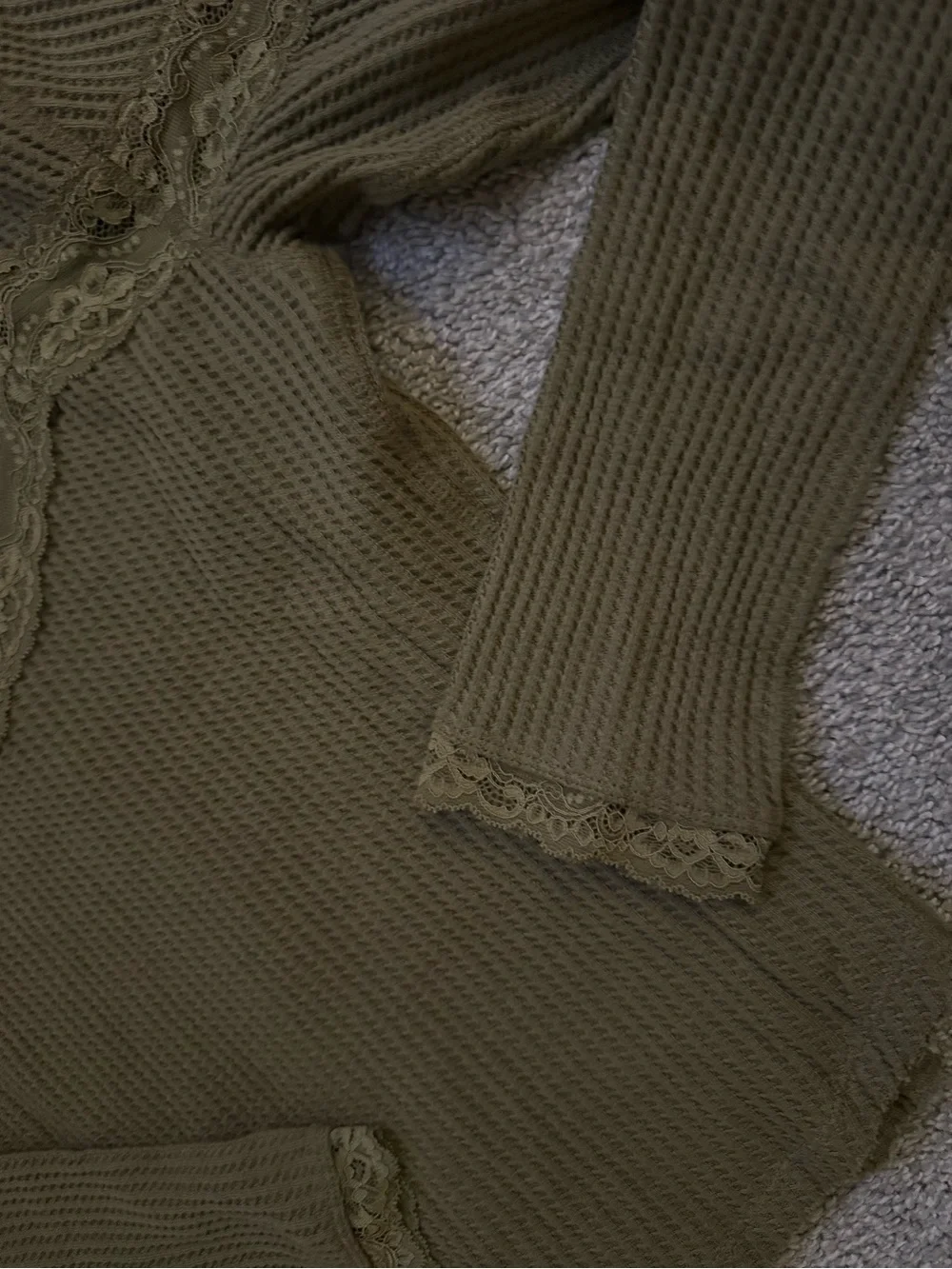 Free People Olive Waffle-Knit Lace Trim Top NWT